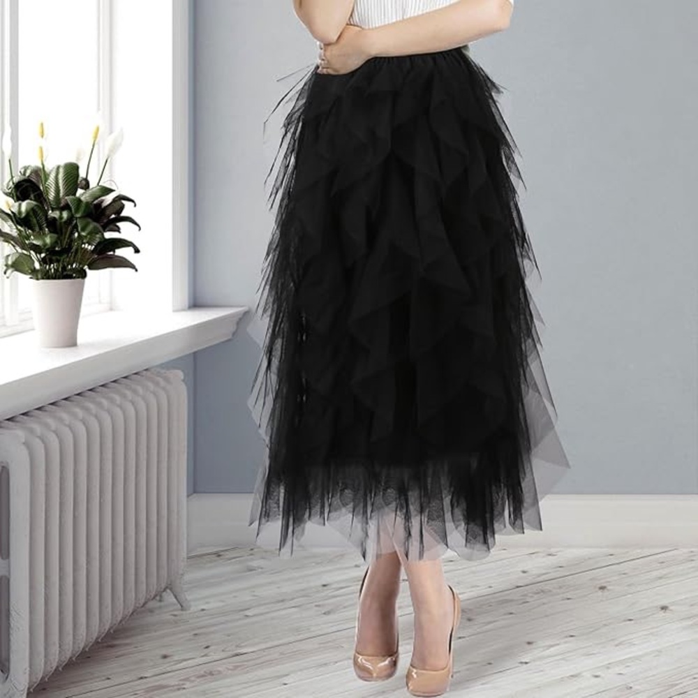 Tulle Skirts Layered Tutu Skirt Midi Length Elastic High Waist A Line Skirt